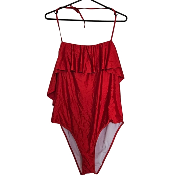 SHEIN PLUS SOLID RUFFLE TRIM ONE PIECE SWIMSUIT - Picture 2 of 11
